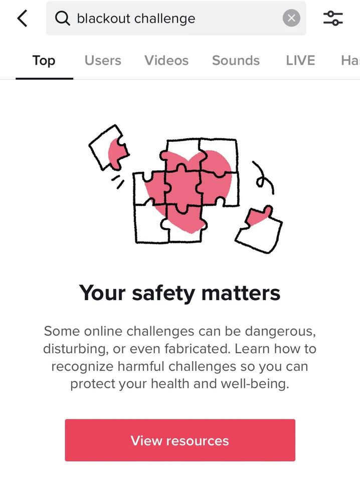 Este es el mensaje cuando los usuarios buscan Blackout Challenge, reto de TikTok