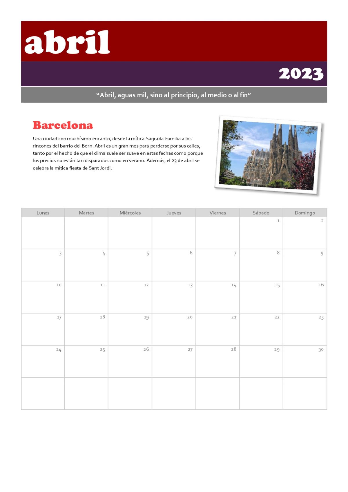 calendario 2023 escapadas abril