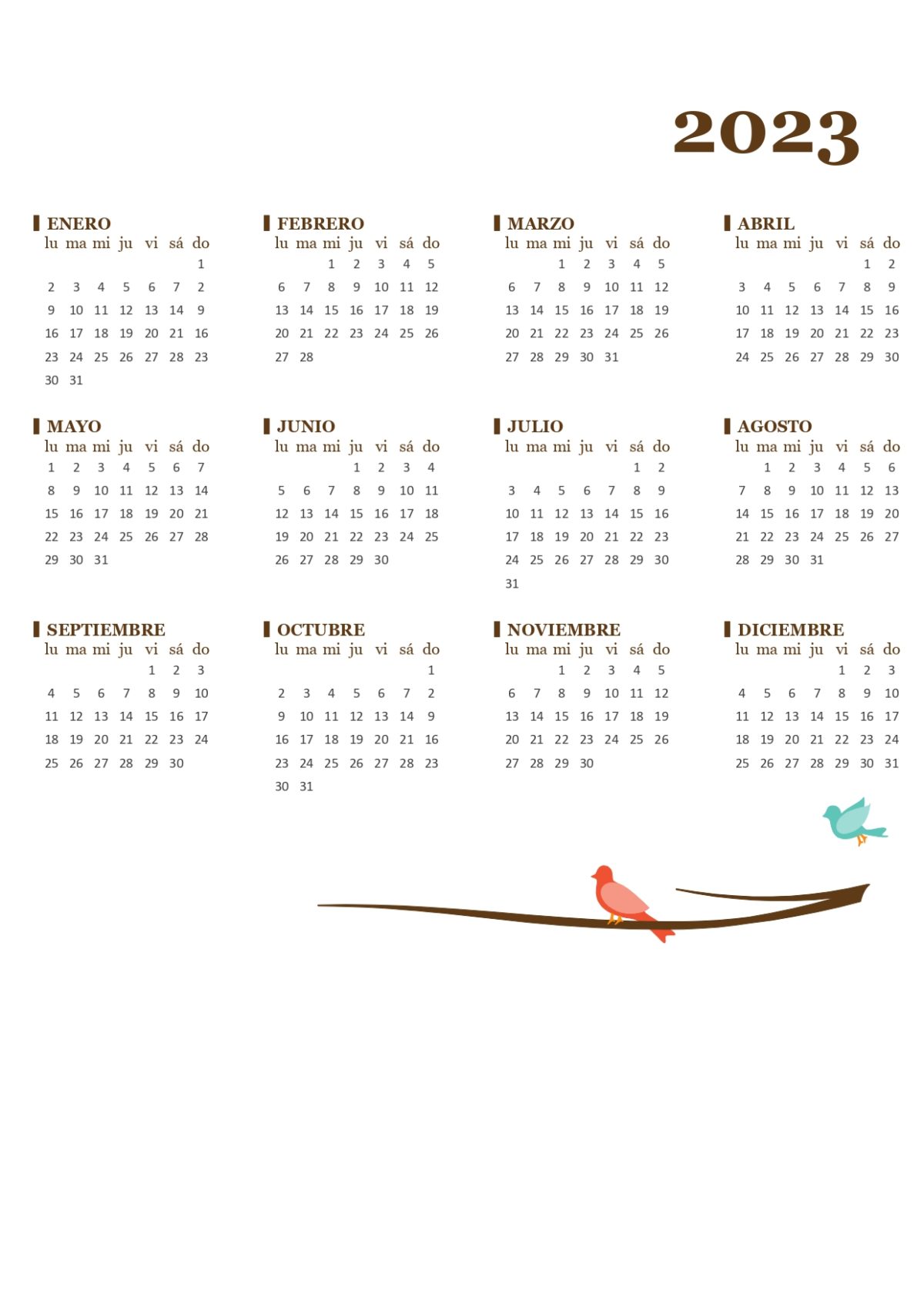 Calendario con pajaros 2023