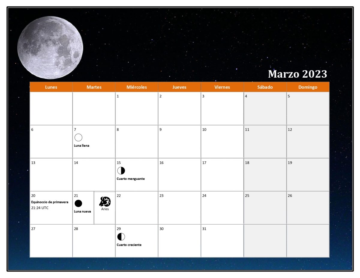 Calendario fases de la luna 2023-marzo
