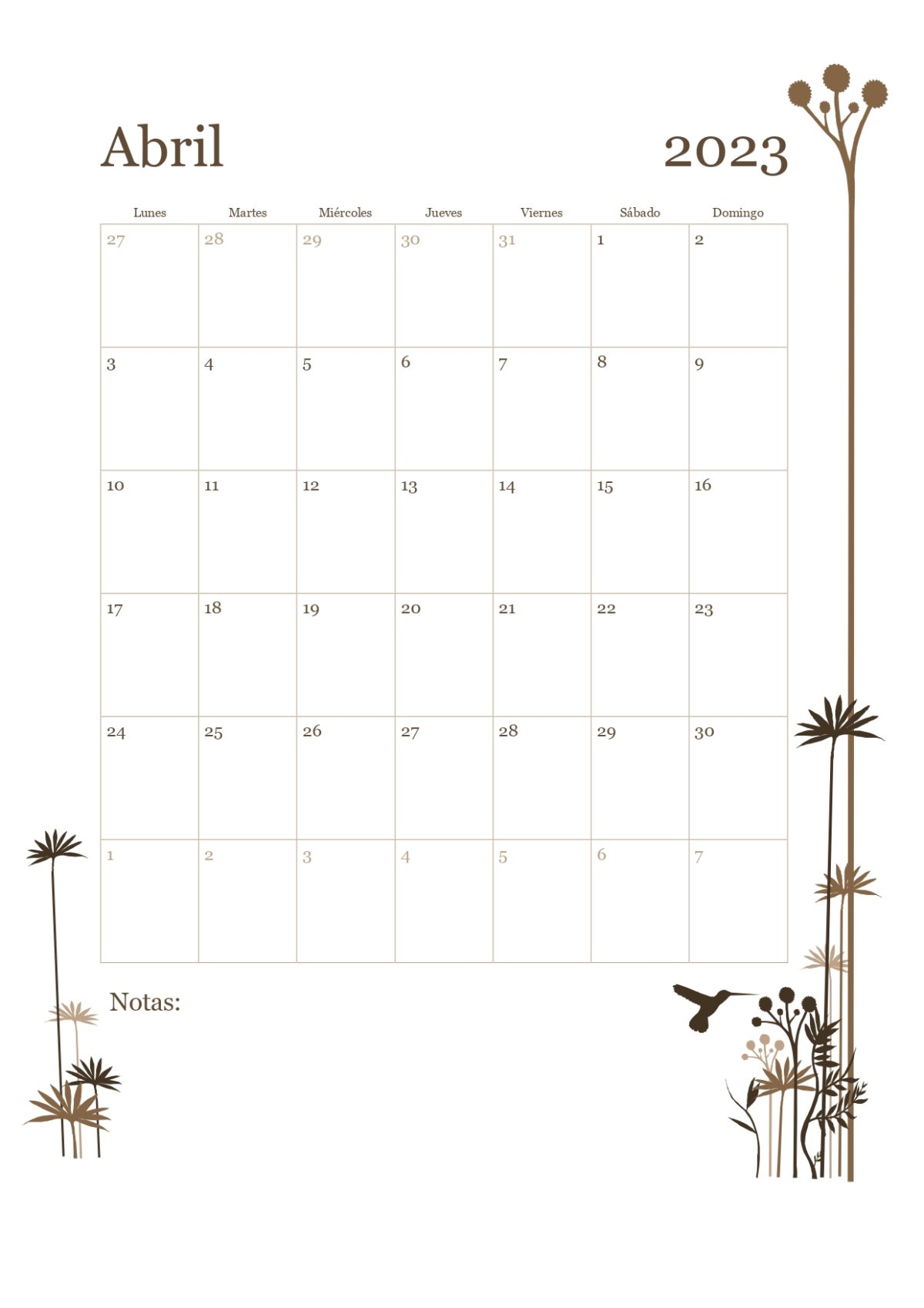 Calendario mes a mes con arboles abril