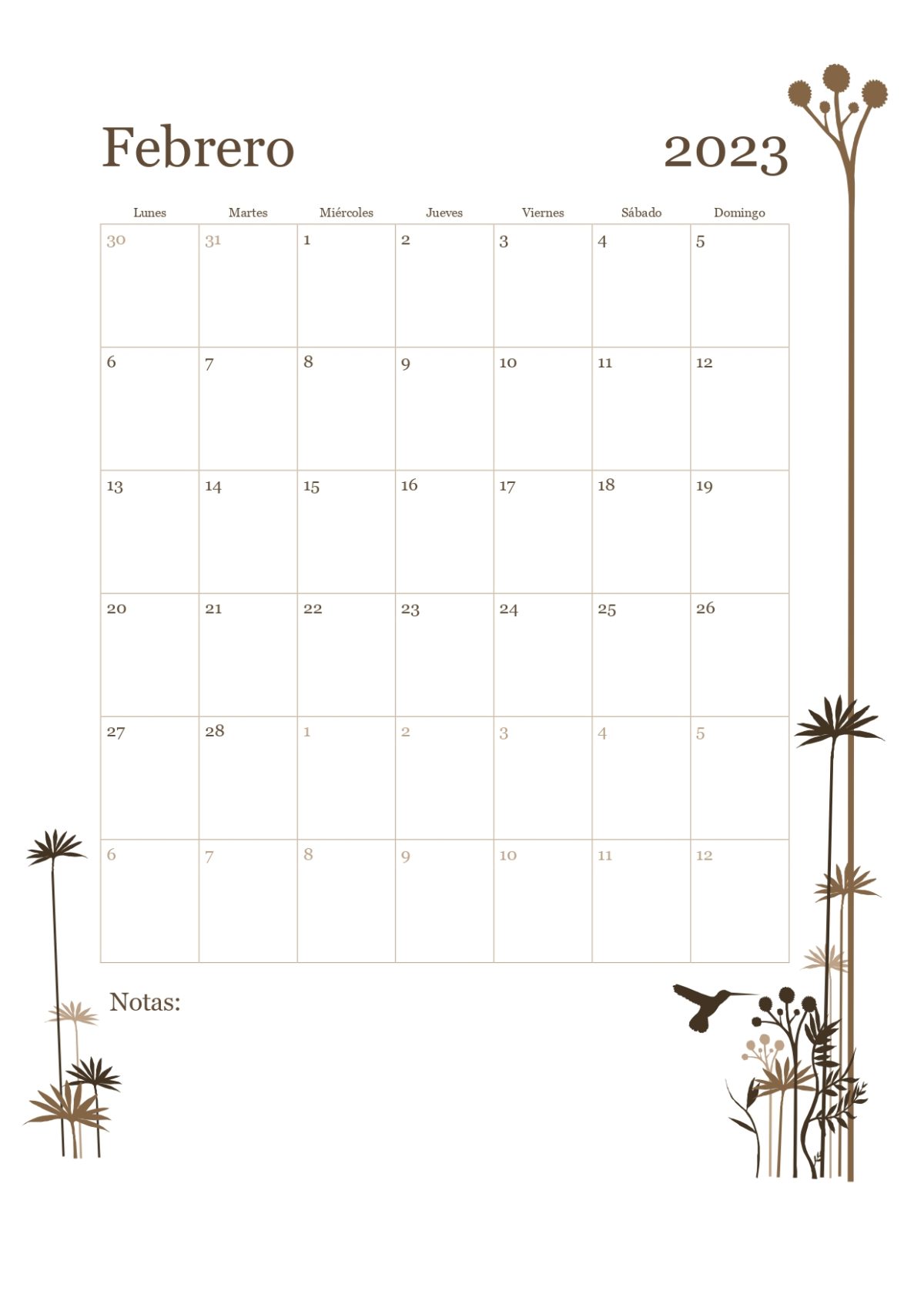 Calendario mes a mes con arboles febrero