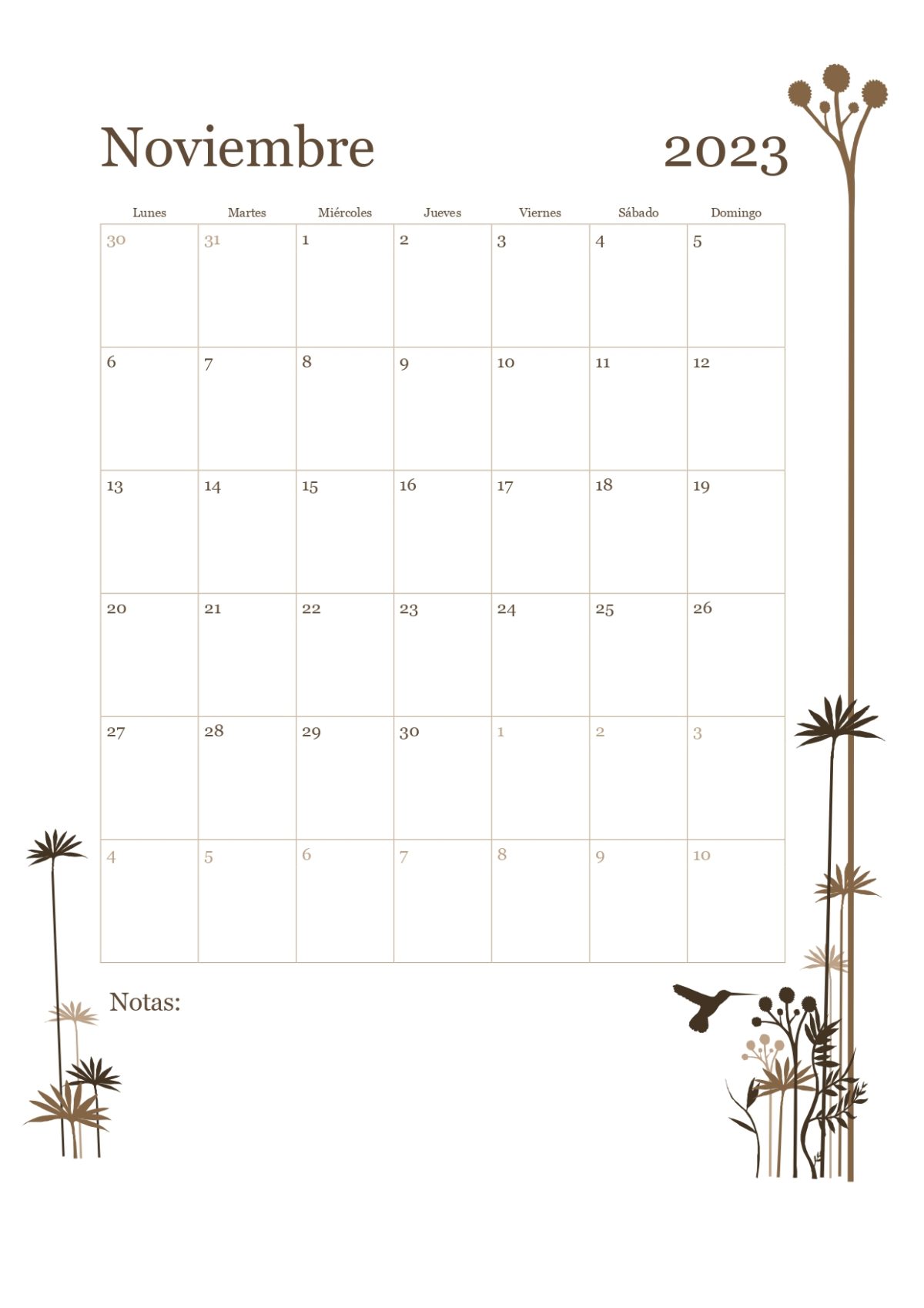 Calendario mes a mes con arboles noviembre