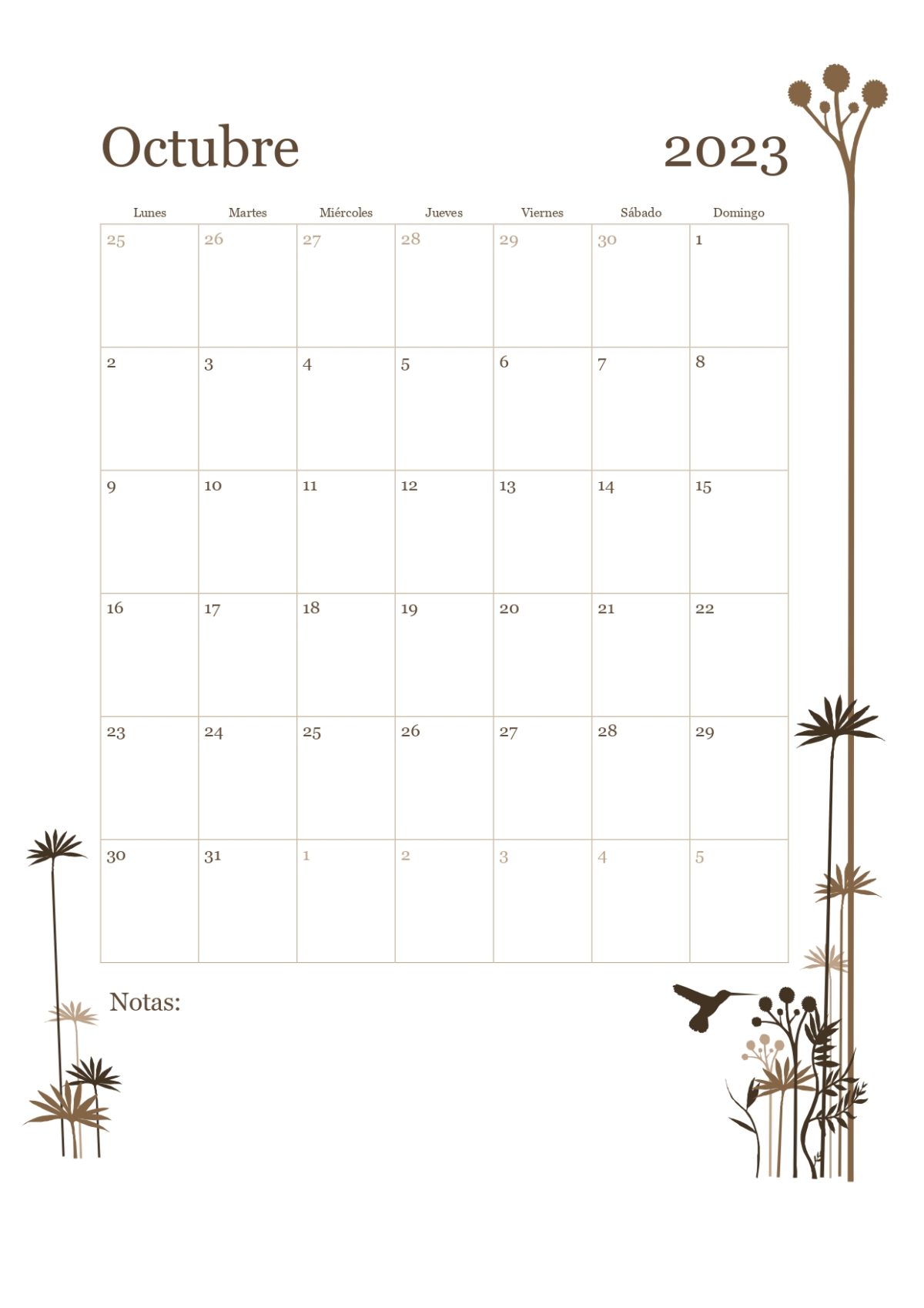 Calendario mes a mes con arboles octubre