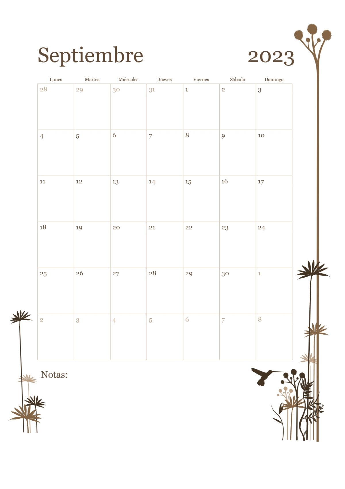 Calendario mes a mes con arboles septiembre