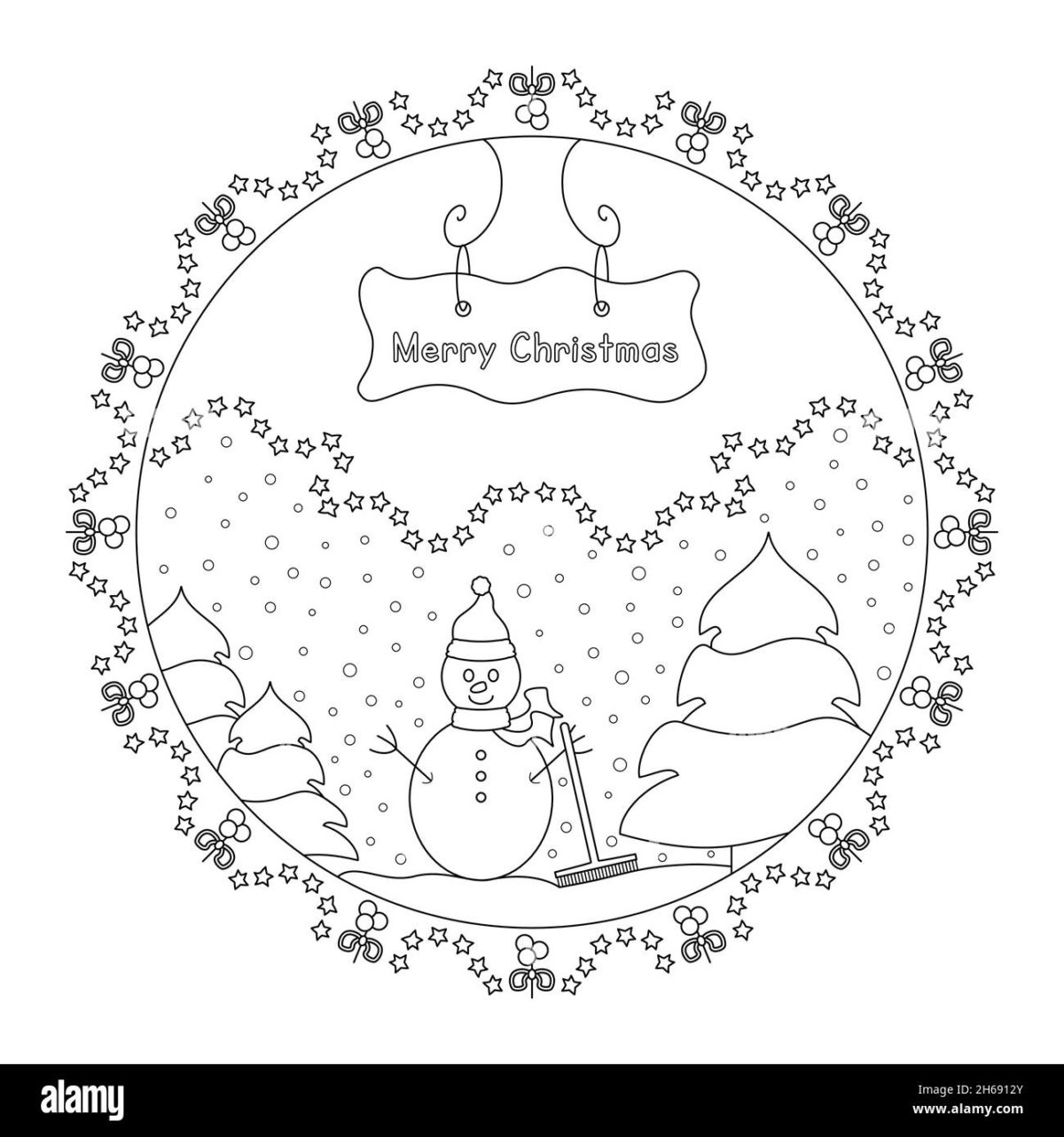 muneco-de-nieve-y-arbol-caida-de-nieve-decoracion-de-invierno-mandala-de-navidad-pagina-para-colorear-tema-de-navidad-idioma-ingles-ilustracion-vectorial-2h6912y