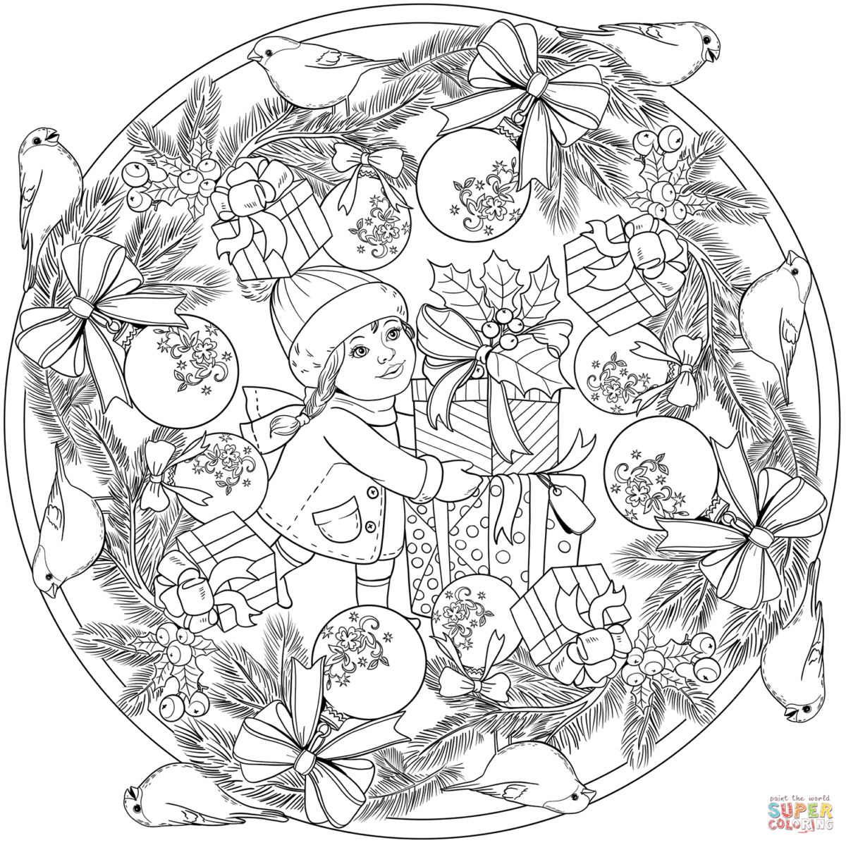 new-year-mandala-with-little-girl-presents-and-bullfinch-coloring-page