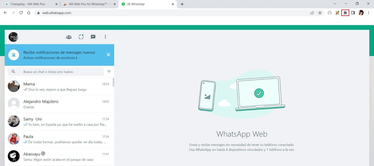 paso 2ab recuperar mensajes borrados WhatsApp Web desde WA Web Plus