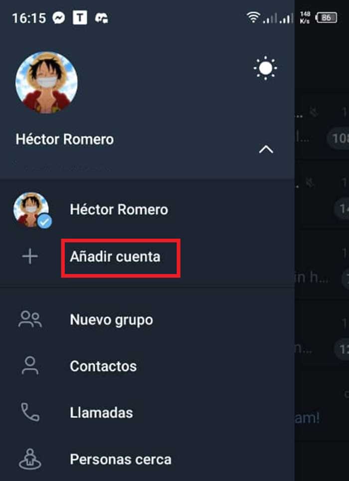 añadir cuenta telegram