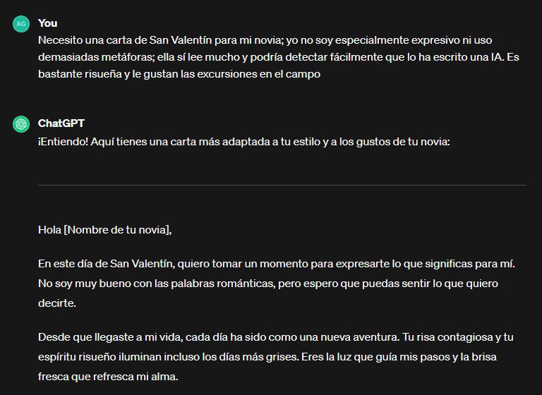Cómo ser un cutre y encargar tu carta de San Valentín a ChatGPT 2 Cómo ser un cutre y encargar tu carta de San Valentín a ChatGPT 1