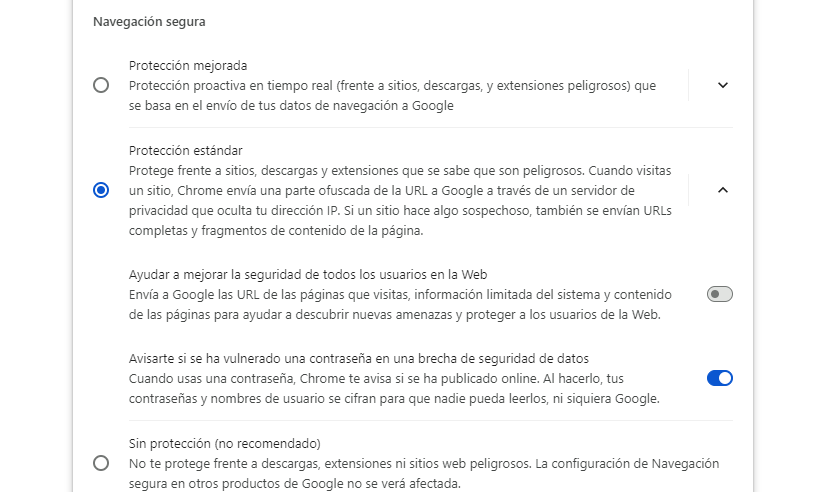 Guía paso a paso para mejorar tu seguridad en Google Chrome en PC y móvil 2 niveles-proteccion-chrome