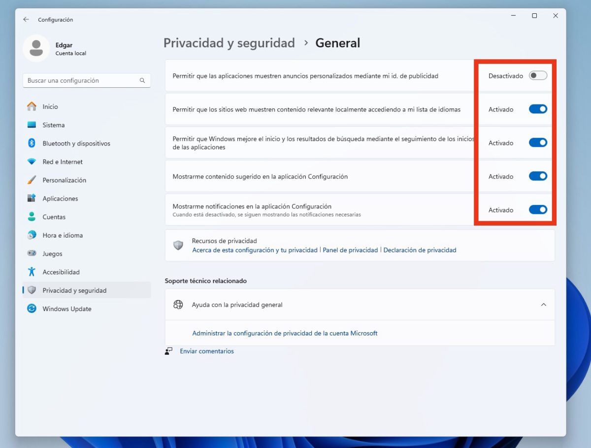 Opciones de privacidad en Windows 11
