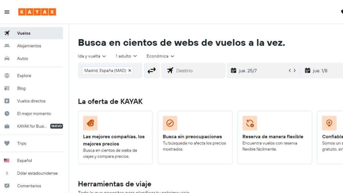 10 webs o apps para encontrar chollos y viajes baratos en verano de 2024 7 Webs o apps para encontrar chollos y viajes baratos en verano de 2024: KAYAK