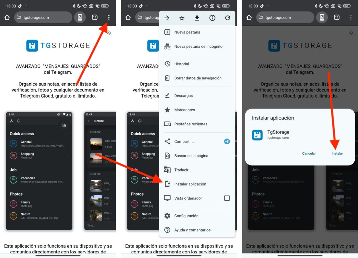 Esta es la web app que me permite usar Telegram como mi nube personal 2 pasos-para-instalar-tgstorage-en-android