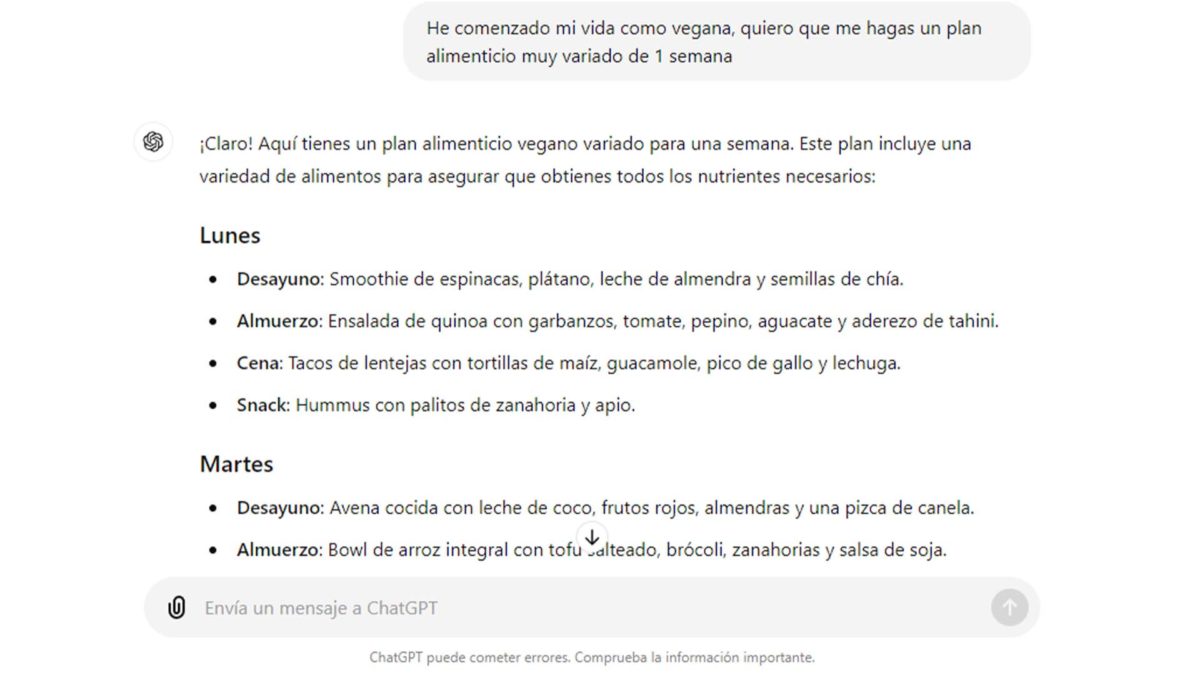 Trucos para ser más productivo con ChatGPT: creador de planes de comida