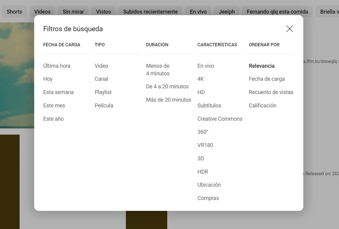 filtros de busqueda youtube