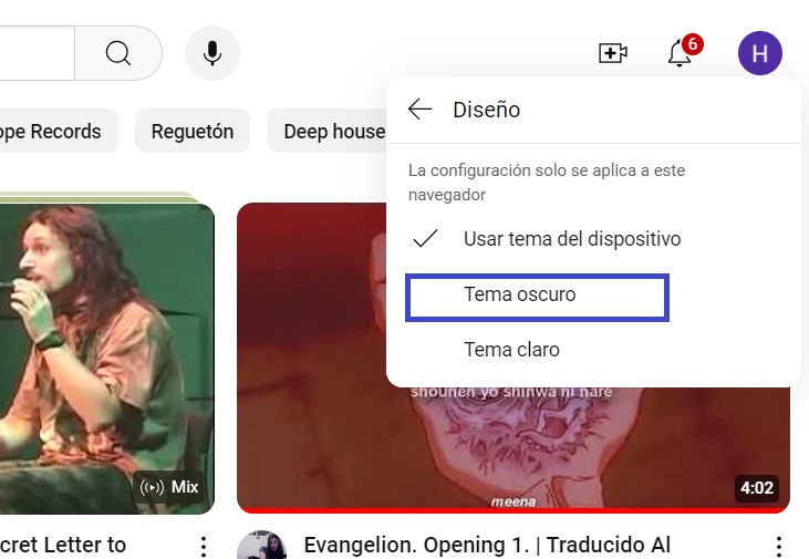 tema oscuro youtube