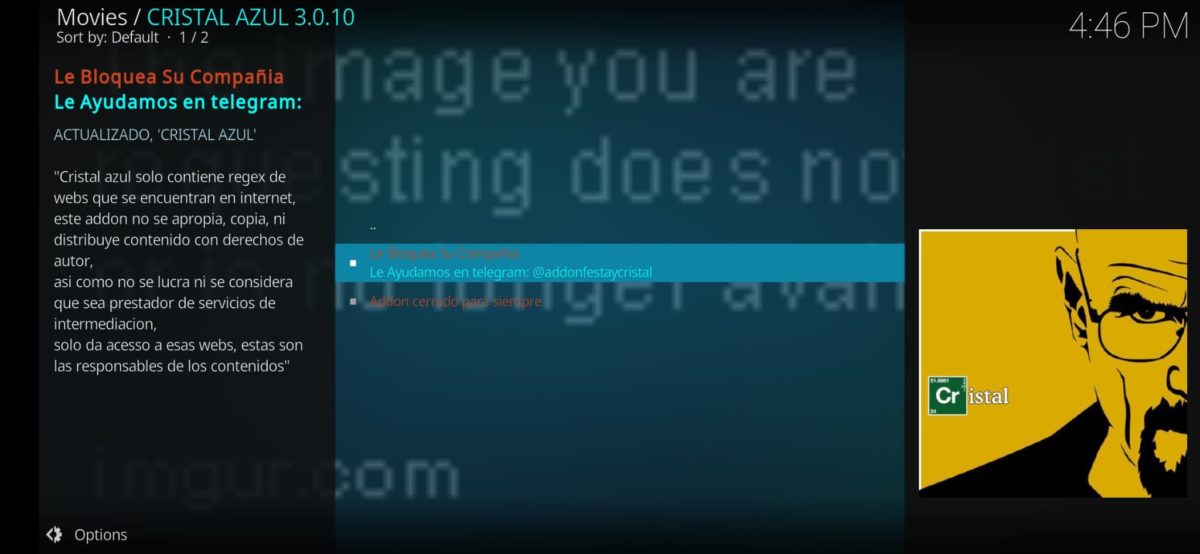 Le bloquea su compañía, por qué sale este mensaje en Cristal Azul de Kodi 3 Le bloquea su compañía, por qué sale este mensaje en Cristal Azul de Kodi 1