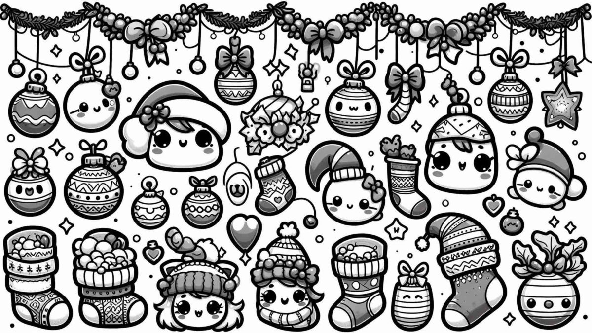 Más de 100 dibujos de Navidad kawaii para imprimir y colorear 10 Dibujos de Navidad kawaii de bolas, guirnaldas, calcetines y campanas para imprimir y colorear