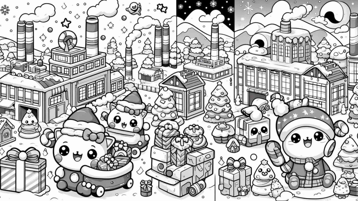 Más de 100 dibujos de Navidad kawaii para imprimir y colorear 7 Dibujos de Navidad kawaii de fábricas de juguetes para imprimir y colorear