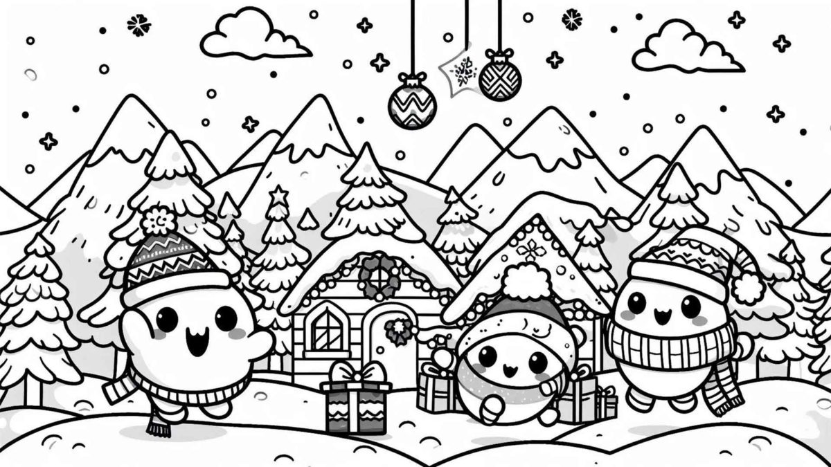 Más de 100 dibujos de Navidad kawaii para imprimir y colorear 16 Dibujos de Navidad kawaii de paisajes nevados para imprimir y colorear