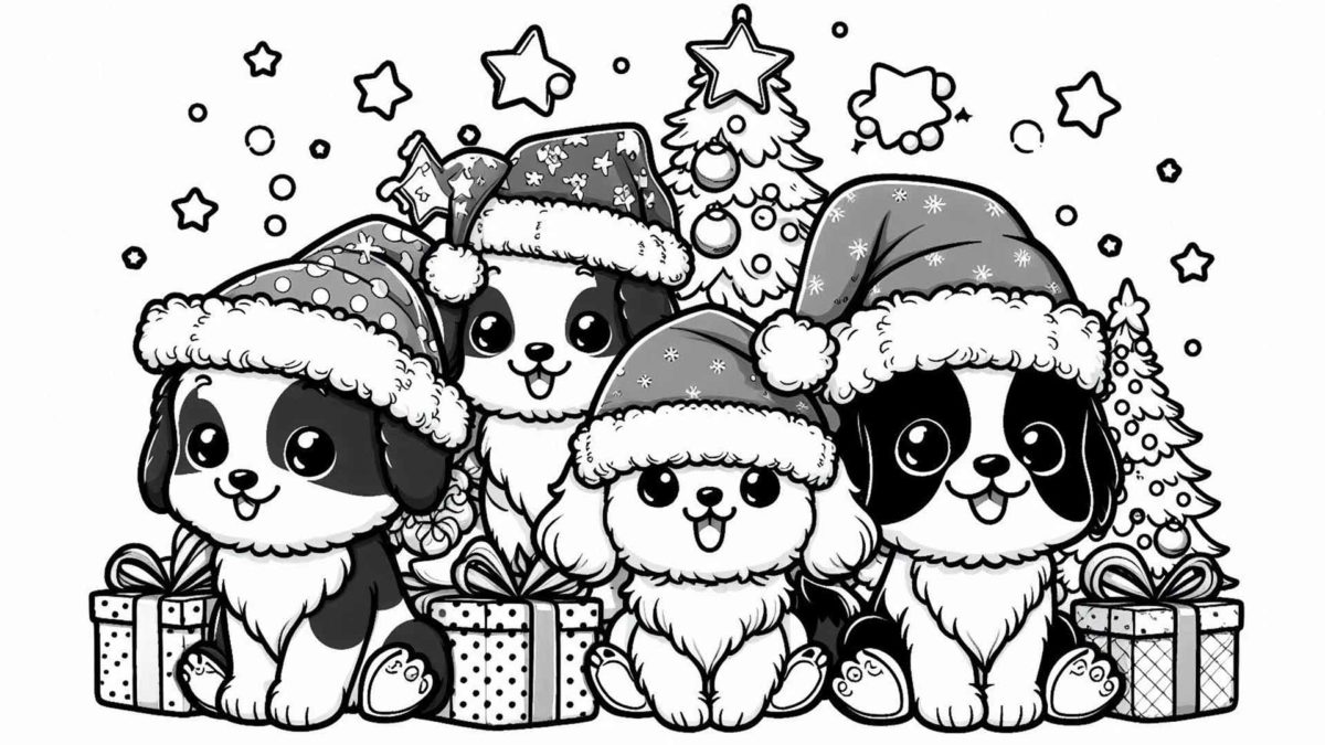 Más de 100 dibujos de Navidad kawaii para imprimir y colorear 13 Dibujos de Navidad kawaii de perros con gorros de santa para imprimir y colorear