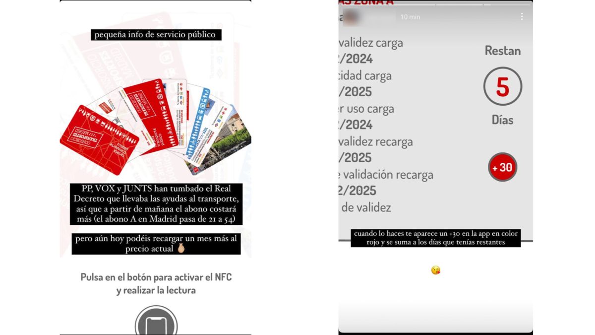 Recarga antes de que suba el precio del transporte público en Madrid - Fuente: Instagram