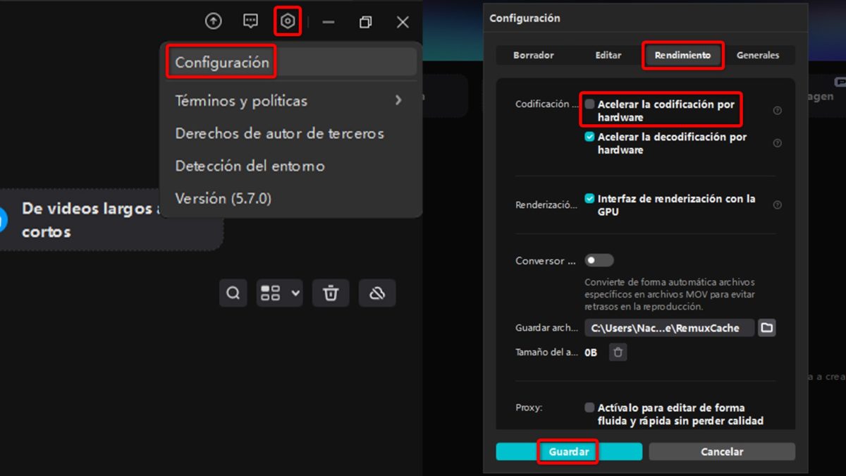 CapCut no me deja exportar mi vídeo: causas y posibles soluciones 7 CapCut no me deja exportar mi vídeo - Desactiva la codificación de hardware (PC)