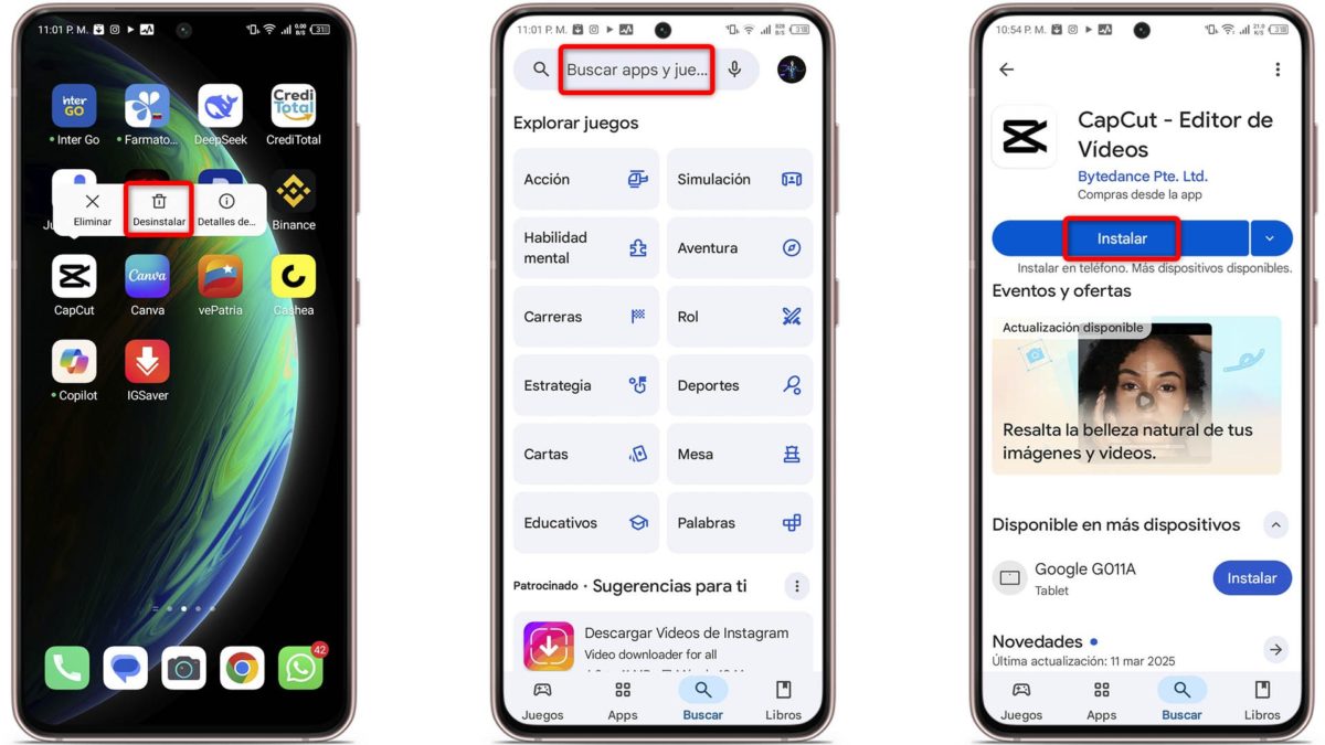 CapCut no me deja exportar mi vídeo: causas y posibles soluciones 9 CapCut no me deja exportar mi vídeo - Reinstala nuevamente la app