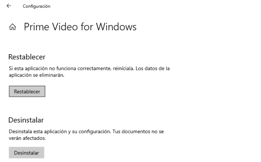 restablecer amazon prime video windows