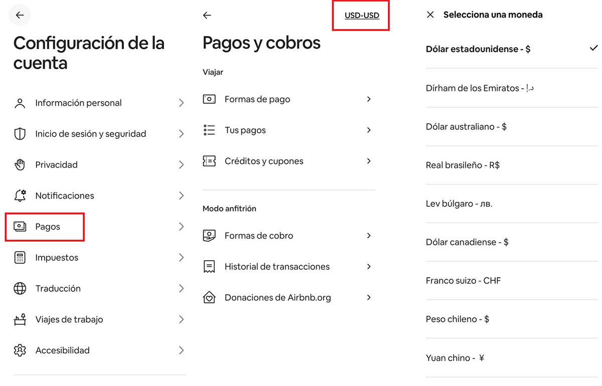 cambiar moneda airbnb app