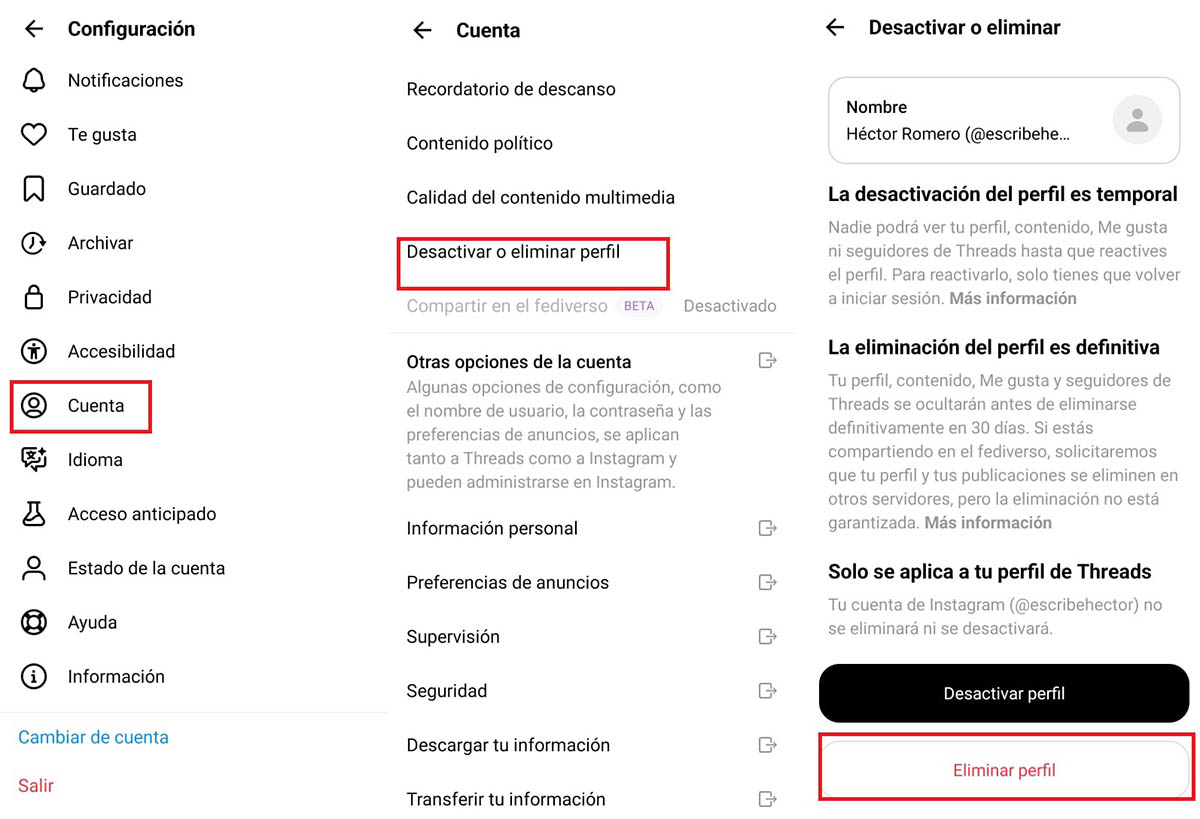 Cómo eliminar una cuenta de Threads sin borrar la de Instagram: guía paso a paso 3 eliminar perfil threads