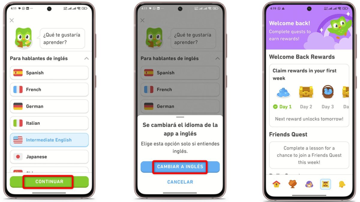 Pasos finales para cambiar de idioma nativo en la app Duolingo