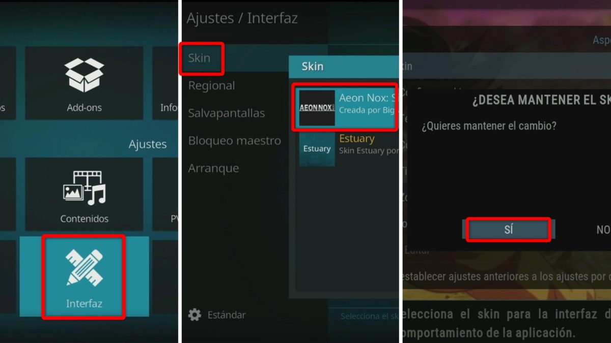 Cómo instalar la 'build' o compilación Estuary Esparta en Kodi: guía paso a paso 9 Instalar la 'build' o compilación Estuary Esparta en Kodi - Aplicar la skin de la build