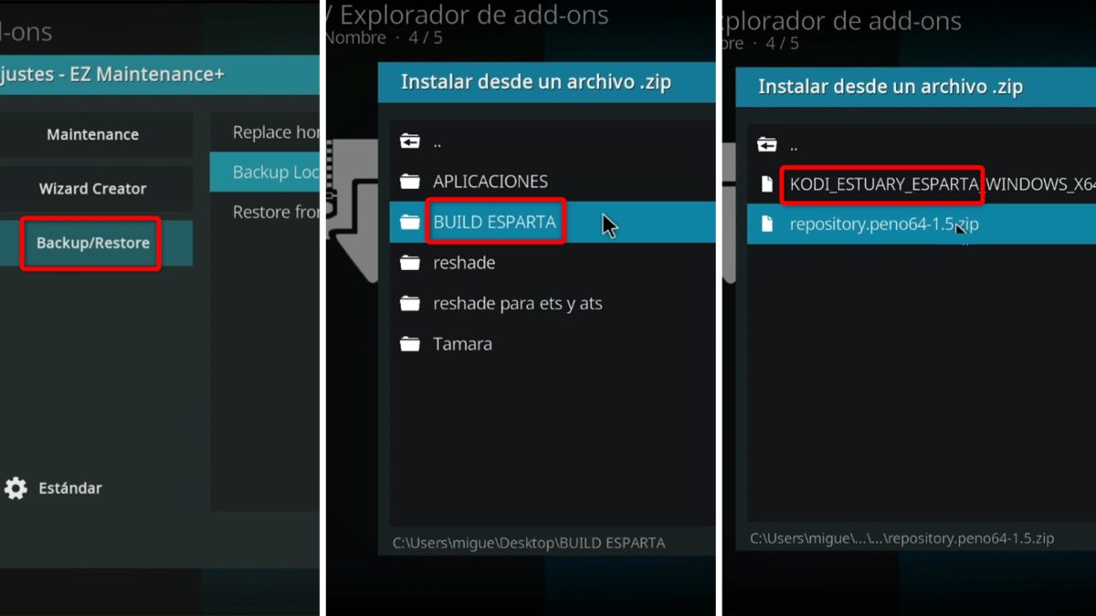 Cómo instalar la 'build' o compilación Estuary Esparta en Kodi: guía paso a paso 7 Instalar la 'build' o compilación Estuary Esparta en Kodi - Restaurar el Build Estuary Esparta