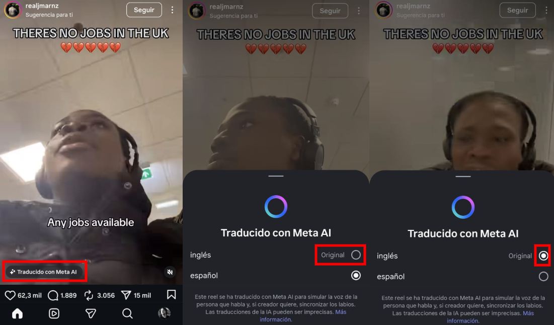 Instagram está traduciendo con IA todos los vídeos que ves: así puedes evitarlo 2 Cómo quitar traducción automática con IA de Meta AI en un vídeo de Instagram 1