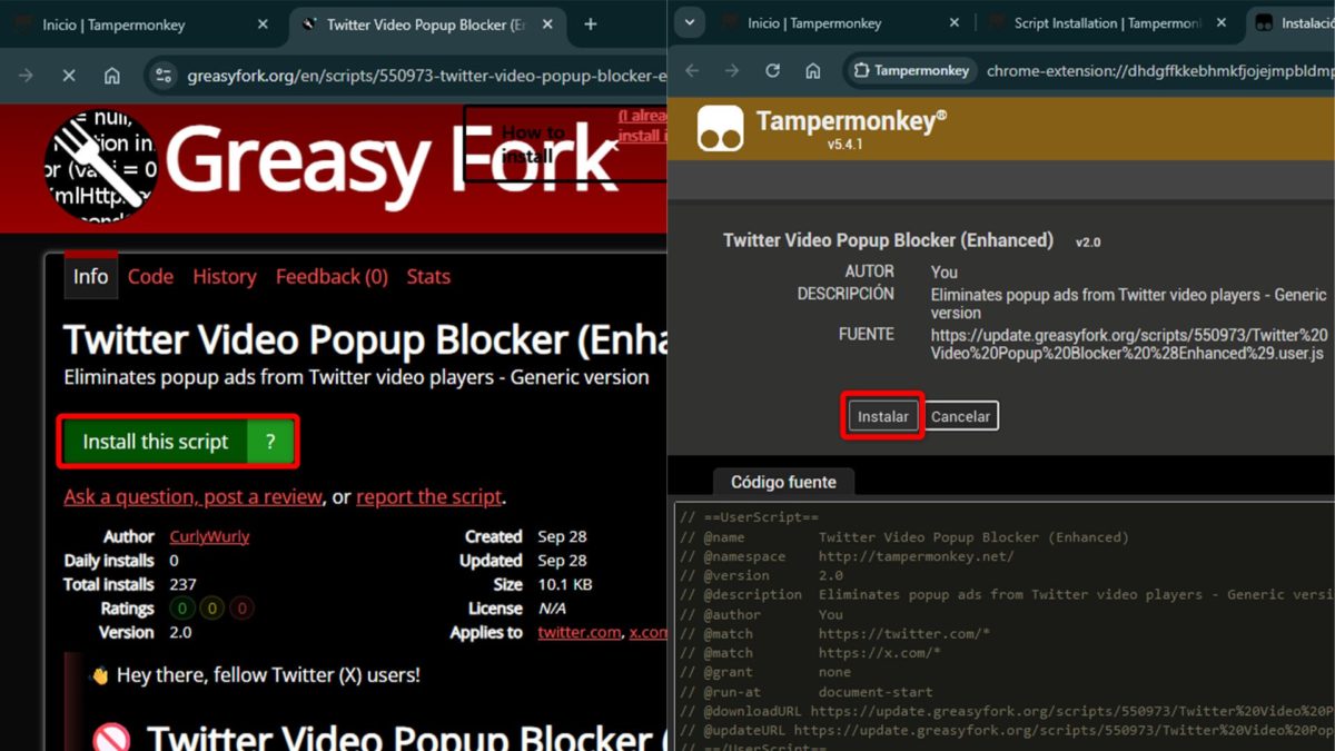 Cómo evitar la publicidad en los vídeos de X 5 Como usar Twitter Video Popup Blocker (Enhanced)-2