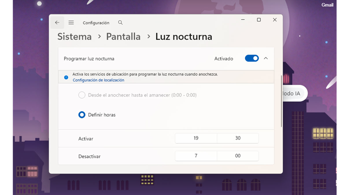 activar la luz nocturna en windows