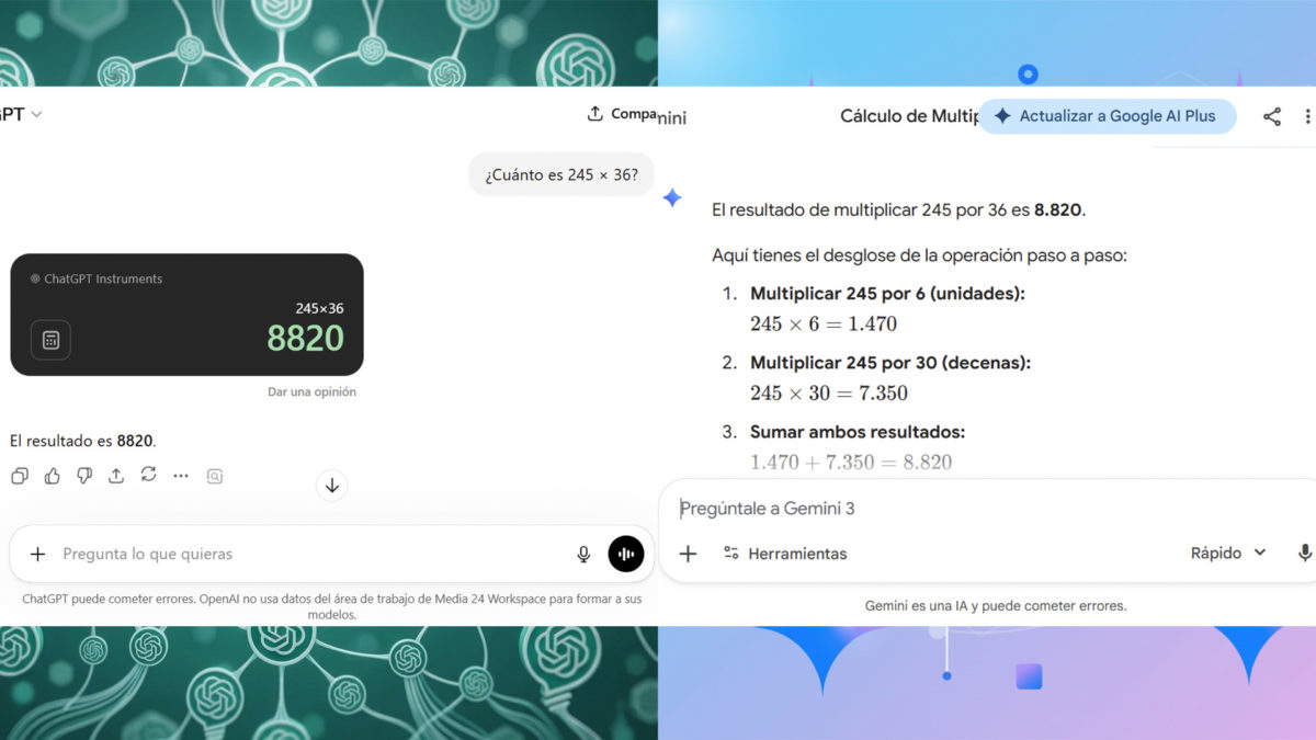 ¿Qué modelo de IA es mejor para matemáticas? Ponemos a prueba a ChatGPT y Gemini 2 CHAT GPT VS GEMINI – Prueba 1 Operación básica