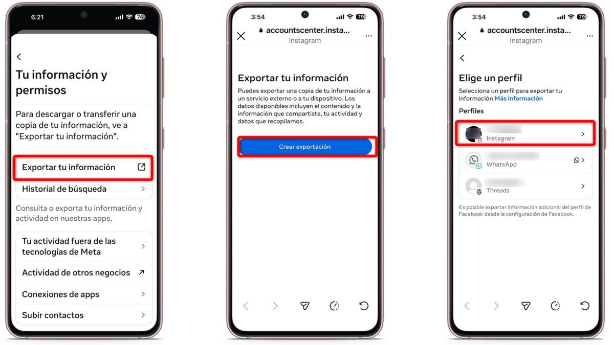 Cómo ver las solicitudes enviadas para seguir perfiles en Instagram 3 Elige un perfil y exporta tu información