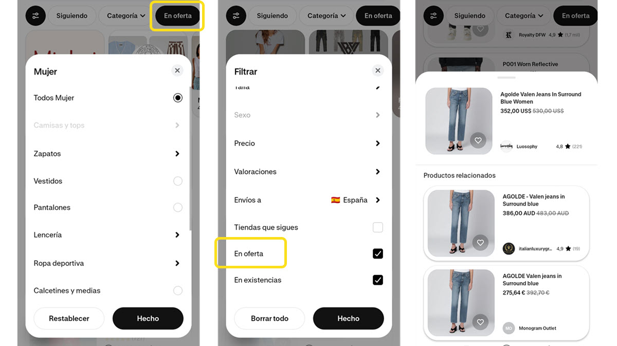 buscar ofertas en ropa en la app Shop