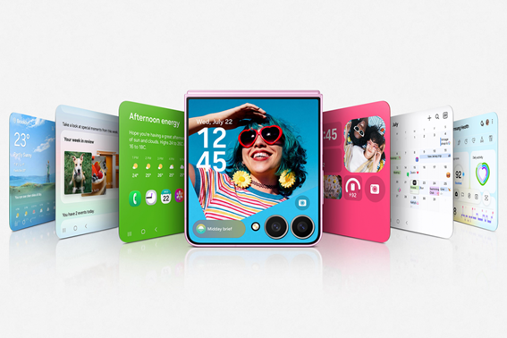 Móvil plegable de bolsillo Samsung Galaxy Z Flip8 con la pantalla exterior FlexWindow personalizada mediante widgets de clima, calendario, salud, música y fotografías.