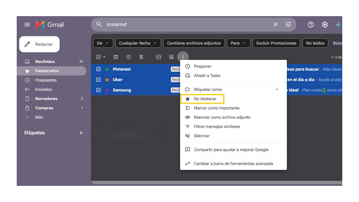 Cómo quitar las estrellas de mis correos de Gmail